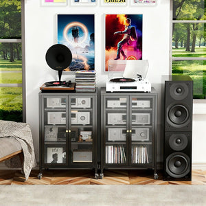 English Elm 35.8" Steel Media Cabinet with Tempered Glass Doors and Locking Wheels for Living Room T2398P413024