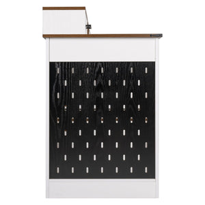 English Elm 55" Farmhouse Writing Desk with Cabinet Charging Station Pegboard and Monitor Stand White W2917S00008
