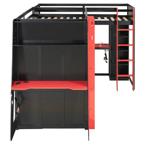 English Elm L-shaped Gaming Loft Bunk Bed Twin Wood Frame Rgb Lighting Usb Ports Storage Shelves Red LT000295AAR