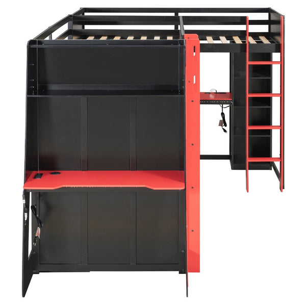 English Elm L-shaped Gaming Loft Bunk Bed Twin Wood Frame Rgb Lighting Usb Ports Storage Shelves Red LT000295AAR