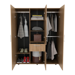 English Elm Bariloche 70" High Four-Door Armoire with Drawer, 3 Hanging Rods & 7 Shelves — Natural Oak Wardrobe B200S00421