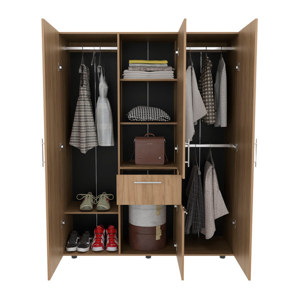 English Elm Bariloche 70" High Four-Door Armoire with Drawer, 3 Hanging Rods & 7 Shelves — Natural Oak Wardrobe B200S00421