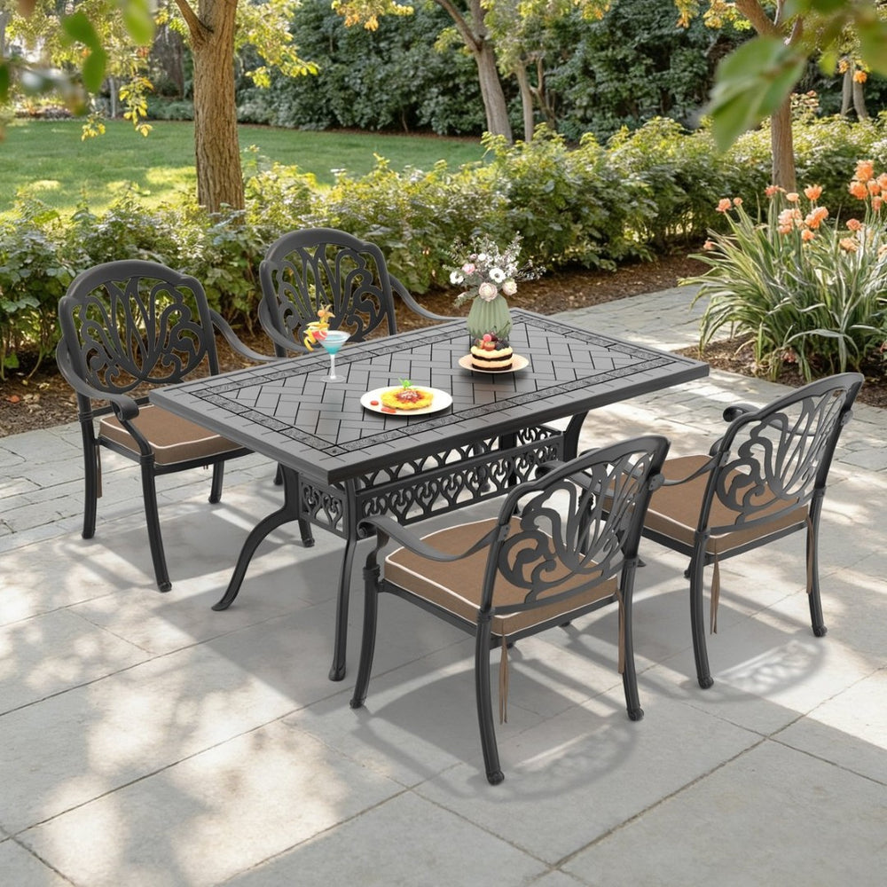 English Elm 5-piece Cast Aluminum Outdoor Dining Set Old World Ornate Patio Furniture Brown Cushions W1710S00572