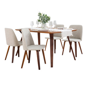 English Elm Folia-Toriano Walnut Mid-Century Dining Set, 5-Piece Beige Fabric Chairs, Sleek Wood Table Design B202S01431