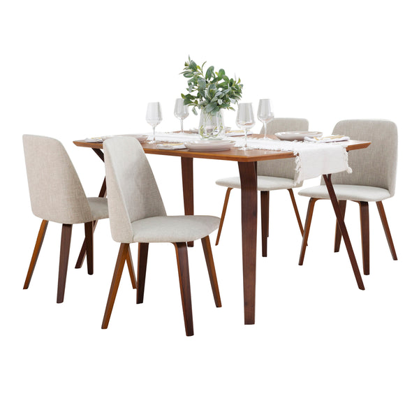 English Elm Folia-Toriano Walnut Mid-Century Dining Set, 5-Piece Beige Fabric Chairs, Sleek Wood Table Design B202S01431