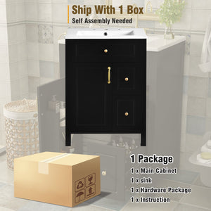 English Elm 24-Inch Bathroom Vanity with Ceramic Sink, Soft-Close Door & Drawers, Gold Handles, Durable Wood Elegance Black N729P192078B