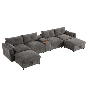English Elm 142'' Modular Sectional Sofa - 6 Seats, Movable Ottoman, Usb Charging, Chic Chenille Style N723S9777E-GIGA