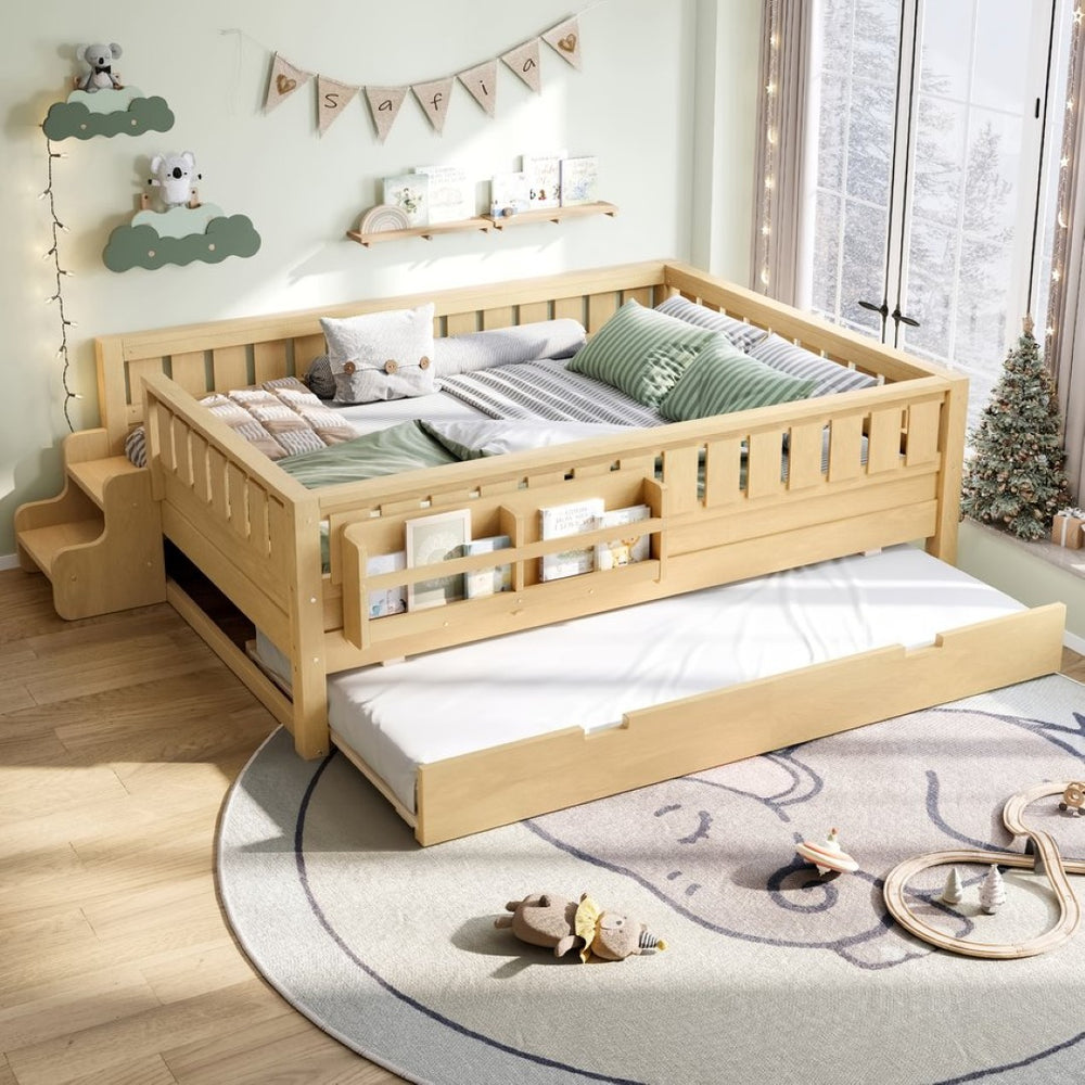 English Elm Twin Kids Platform Bed with Trundle Staircase Bookshelf and Rounded Safety Rails Light Natural W1580S00560