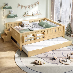 English Elm Twin Kids Platform Bed with Trundle Staircase Bookshelf and Rounded Safety Rails Light Natural W1580S00560