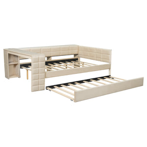 English Elm Full Size Upholstered Platform Bed With Desk, Usb Charging, Trundle & Storage Shelves In Beige Velvet N7090000604A