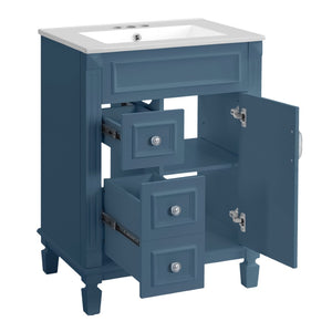 English Elm 24" French Inspired Bathroom Vanity with Ceramic Basin Soft Close Cabinet and 2 Drawers Blue N710P318990C