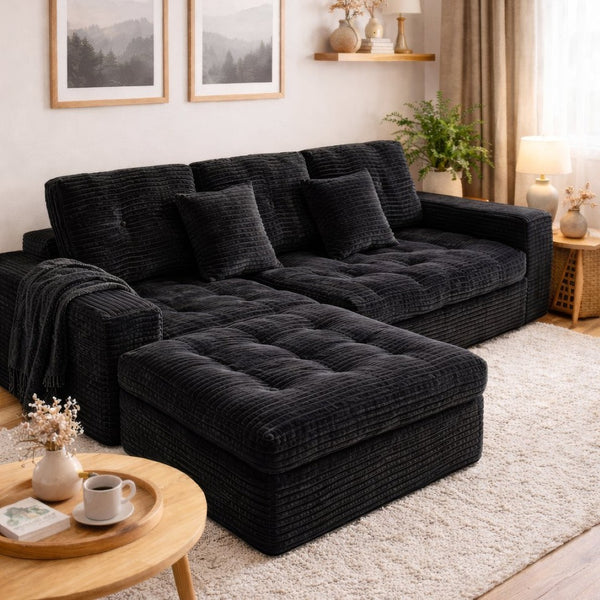 English Elm Modular Cloud Sectional with Ottoman Faux Fur Velvet Deep Foam Living Room Sofa W5502S00009