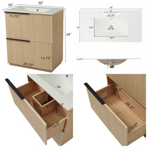 English Elm Christopher Knight Home® - 30" Bathroom Vanity With Ceramic Sink, Soft-Close Drawers & Fluted Natural Finish For Elegant Style N817P295760N