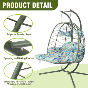 English Elm 2 Person Wicker Hanging Egg Chair with Stand Cushions Footrest Patio Swing Seat T5880P500221