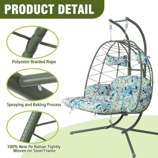 English Elm 2 Person Wicker Hanging Egg Chair with Stand Cushions Footrest Patio Swing Seat T5880P500221