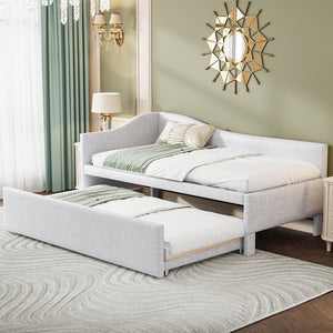 English Elm Twin Upholstered L-Shaped Daybed with Pop-Up Trundle, Space-Saving Guest Bed with Slats Kit and 400lb Capacity Beige SF000193AAA