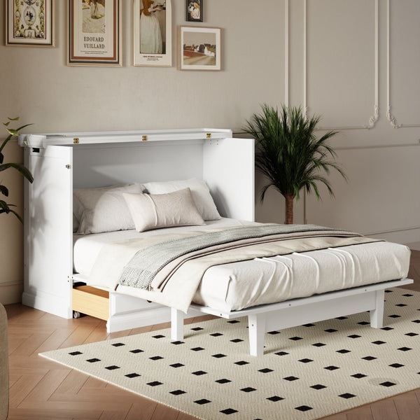 English Elm Farmhouse Pine Wood Murphy Cabinet Bed with Charging Station and Rolling Storage Drawer BS701P170503K