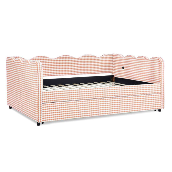 English Elm Full Size Gingham Linen Daybed with Wave Backrest Trundle and Usb Charging Port Pink W1413S00138