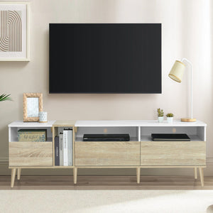 English Elm Modern TV Stand with 3 Drawers & 4 Open Shelves, 80" Media Console White+Wood, Cable Management, P2 Board N710P234108K