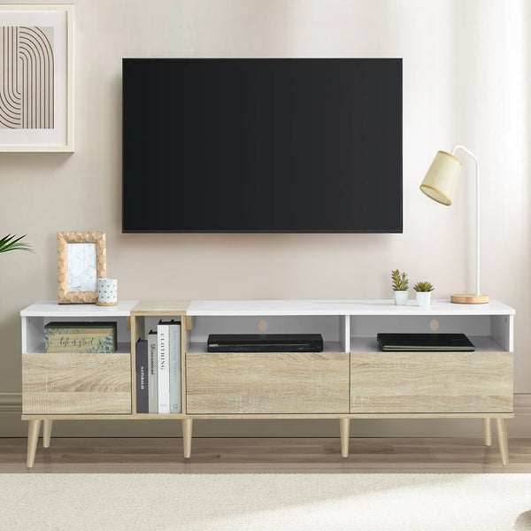 English Elm Modern TV Stand with 3 Drawers & 4 Open Shelves, 80" Media Console White+Wood, Cable Management, P2 Board N710P234108K