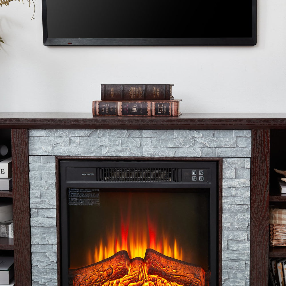 English Elm Faux Stacked Stone TV Media Stand with 18" Fireplace Insert, Cherry Finish, 65" TV Fit, Ample Storage and Cable Management W1758S00016
