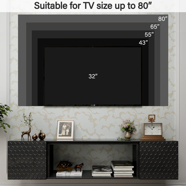 English Elm Floating TV Wall Mount Stand 80" TV Capacity, MDF Wood Console, 220lb Load, Hidden Cable Management T3609P332397