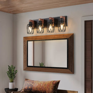 English Elm 24" Industrial Vintage 4-Light Wall Sconce with Black Iron Cage and Walnut Wood Accents for Bathroom W2312P374838