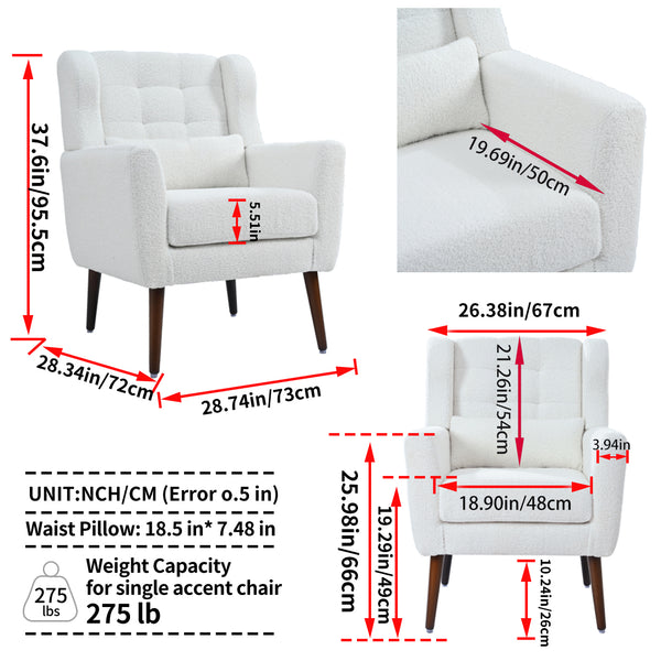 English Elm Modern Accent Chair Upholstered Armchair with Chenille Fabric, Ergonomic Padded Seat, Wood Legs for Living Room Seating Comfort and Stylish Mid Century Flair White W1028P236468