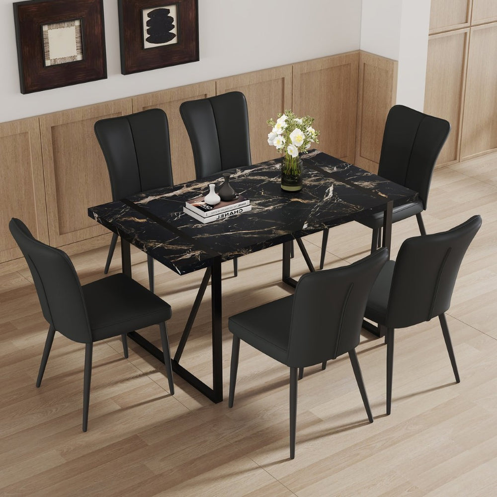 English Elm Table Modern Black Marble Dining Set With 6 Ergonomic Pu Chairs - Stylish, Stable & Easy To Assemble! W1151S02526-GIGA
