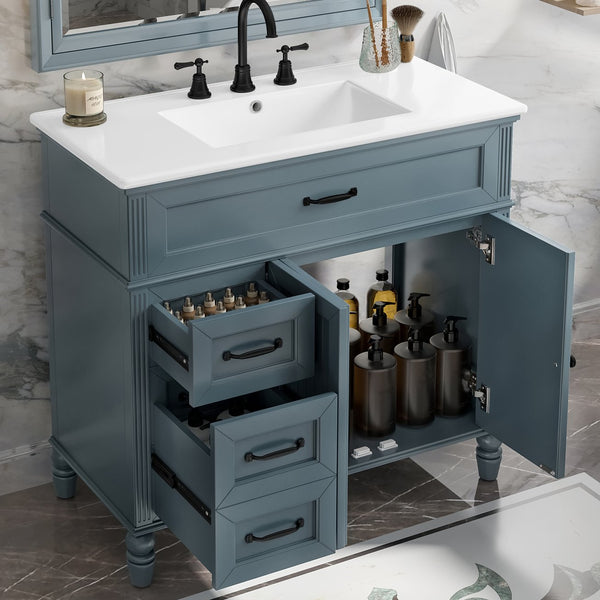 English Elm 36" Modern Bathroom Vanity with Ceramic Sink, Solid Wood + MDF Frame, Sleek Freestanding Design Blue N725P195410C