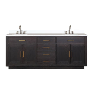 English Elm Black Oak Double Bath Vanity 80" W x 22" D with White Quartz Top, Soft-Close Drawers & Chrome Faucets B2731P260870