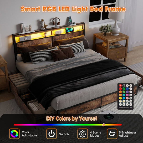 English Elm Queen Metal Platform Bed with Rgb Led Headboard Charging Station and Underbed Storage T3963P482840