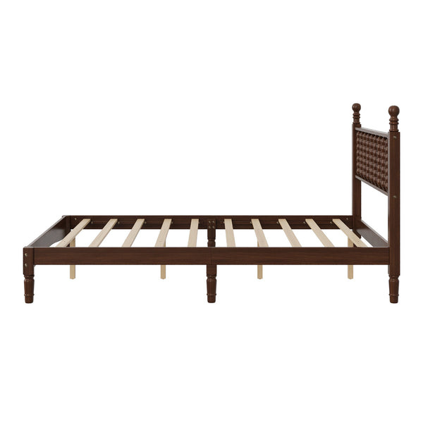 English Elm Full Full Size Wood Platform Bed with Gourd Headboard, Walnut Retro Charm, Solid Slat Support, 500LB Capacity N733P338317D