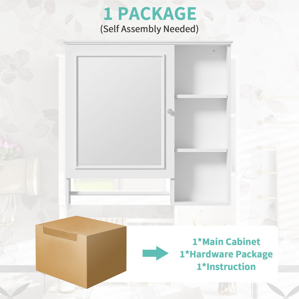 English Elm Wall Mounted Bathroom Storage Cabinet with Large Mirror, Adjustable Shelves, Towel Rack & Durable MDF White N729P180116K