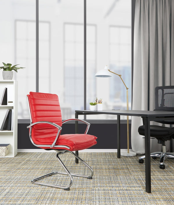 OSP Home Furnishings Guest Faux Leather Office Chair with Chrome Sled Base and Ergonomic Lumbar Support Red SPX23595C-U9