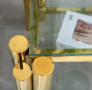 English Elm Modern 2-Piece Coffee Table Set With Gold Stainless Steel & Clear Glass Top For Stylish Living Spaces W2978S00046