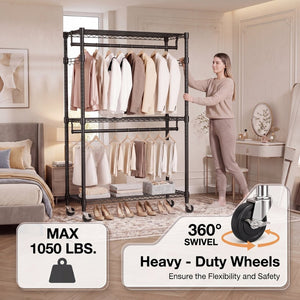 English Elm Heavy Duty Carbon Steel Rolling Garment Rack with Wire Shelving Dual Rods and Side Hooks Black W5386P480840