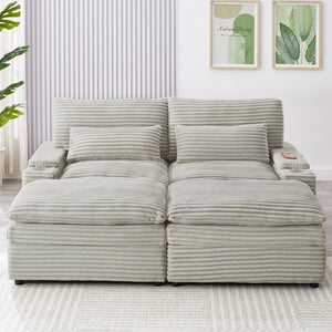 English Elm Loveseat Convertible Sectional Sofa Bed with Storage, Two Ottomans, Dual USB Ports & Cup Holders Grey N719S002140E