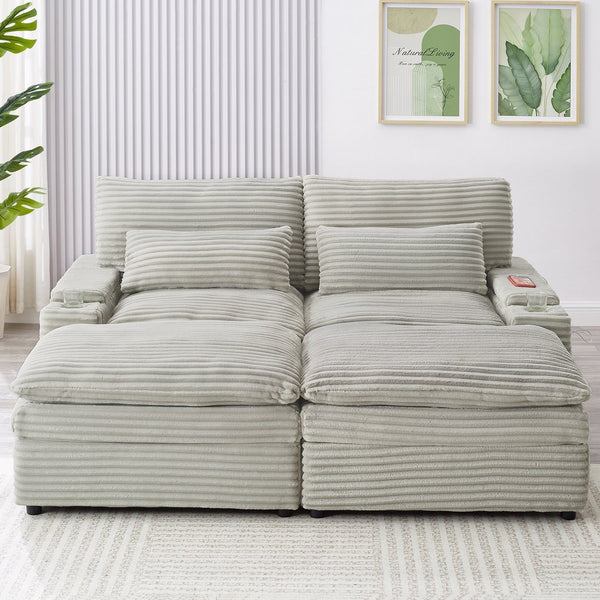 English Elm Loveseat Convertible Sectional Sofa Bed with Storage, Two Ottomans, Dual USB Ports & Cup Holders Grey N719S002140E