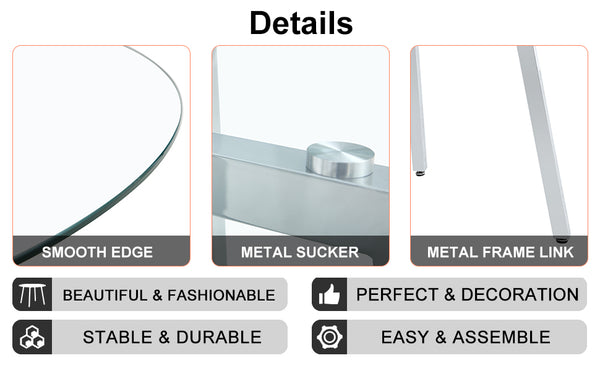English Elm Modern circular tempered glass dining table with silver metal legs, minimalist clear top for airy spaces W1512P371582