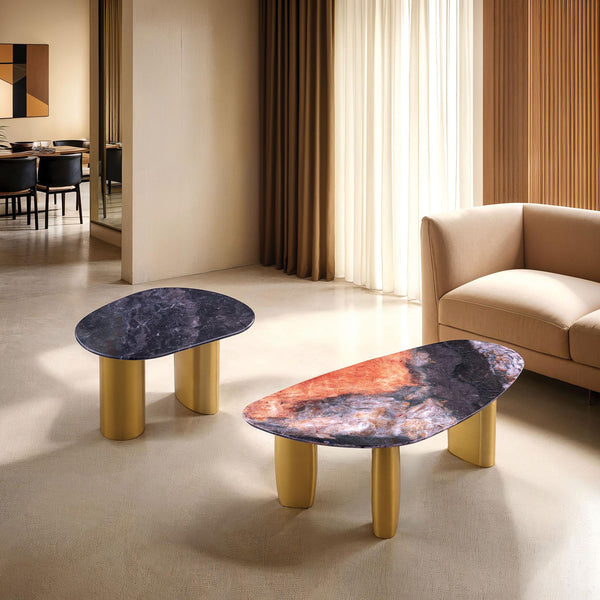 English Elm Contemporary 3-Piece Table Set: Stylish Coffee Table & End Tables With Sintered Stone Top & Gold Legs B2741S00643