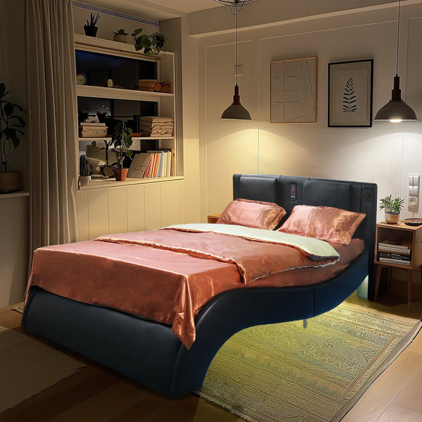 English Elm Faux Leather Platform Bed Frame With Bluetooth Speakers, Led Lighting, Massage & Usb Charging Hub W1360S00008