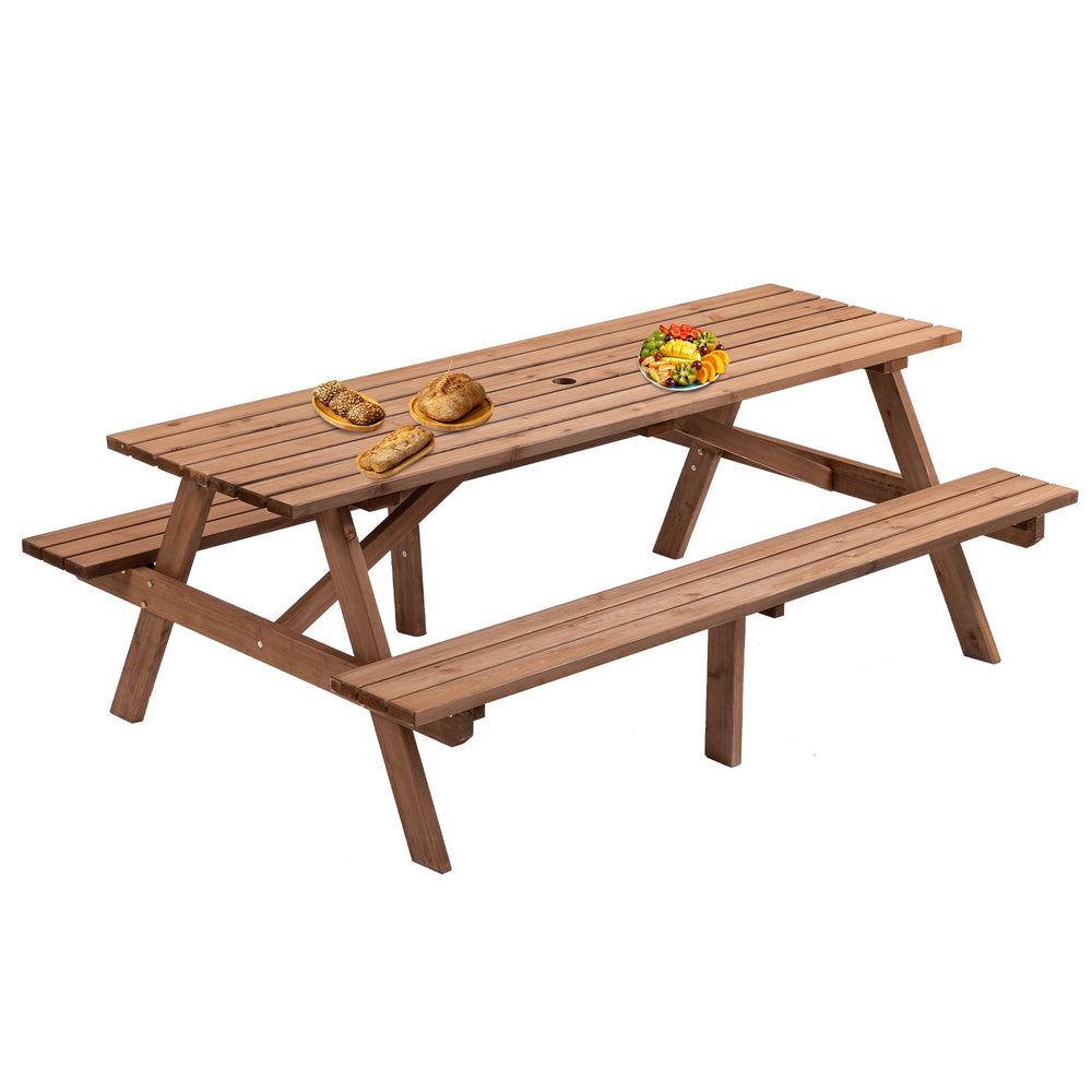 English Elm 8 Fir Wood Picnic Table with 2 Benches, Brown Outdoor Dining Set for 8, 2220lb Capacity, Umbrella Hole W1422P196395