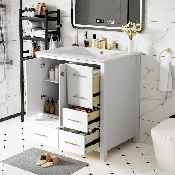 English Elm 30'' Bathroom Vanity With Ceramic Sink Combo - Elegant Freestanding Storage Cabinet & 4 Drawers N710P194420K