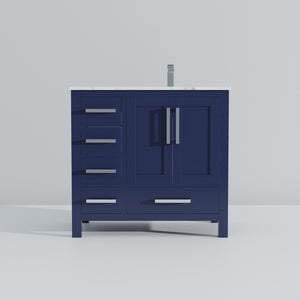 English Elm Navy Bathroom Vanity 36" W x 22" D with Right-Offset Carrara Top, Chrome Faucet, Soft-Close Storage B2731P259054
