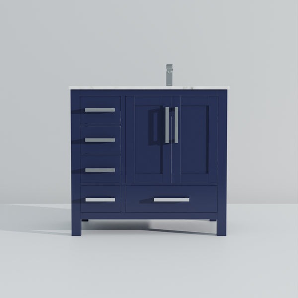 English Elm Navy Bathroom Vanity 36" W x 22" D with Right-Offset Carrara Top, Chrome Faucet, Soft-Close Storage B2731P259054