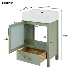 English Elm 20-Inch modern bathroom vanity with ceramic sink, soft-close door and ample storage for small spaces Green WF324691AAF