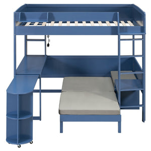 English Elm Full Size Loft Bed with Rotating Desk Led Lighting Sofa and Bookshelf Storage Navy Blue LT000200AAC