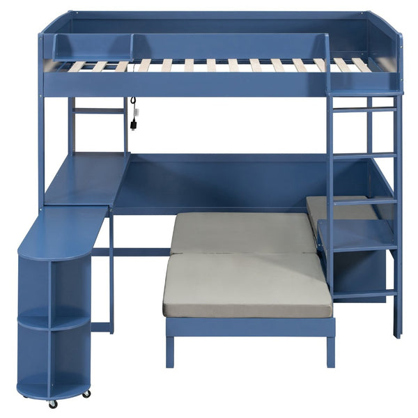 English Elm Full Size Loft Bed with Rotating Desk Led Lighting Sofa and Bookshelf Storage Navy Blue LT000200AAC
