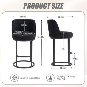 English Elm Counter Height Barstools Set of 2 Linen Upholstered Barrel Seat with Iron Legs Black W395P410438